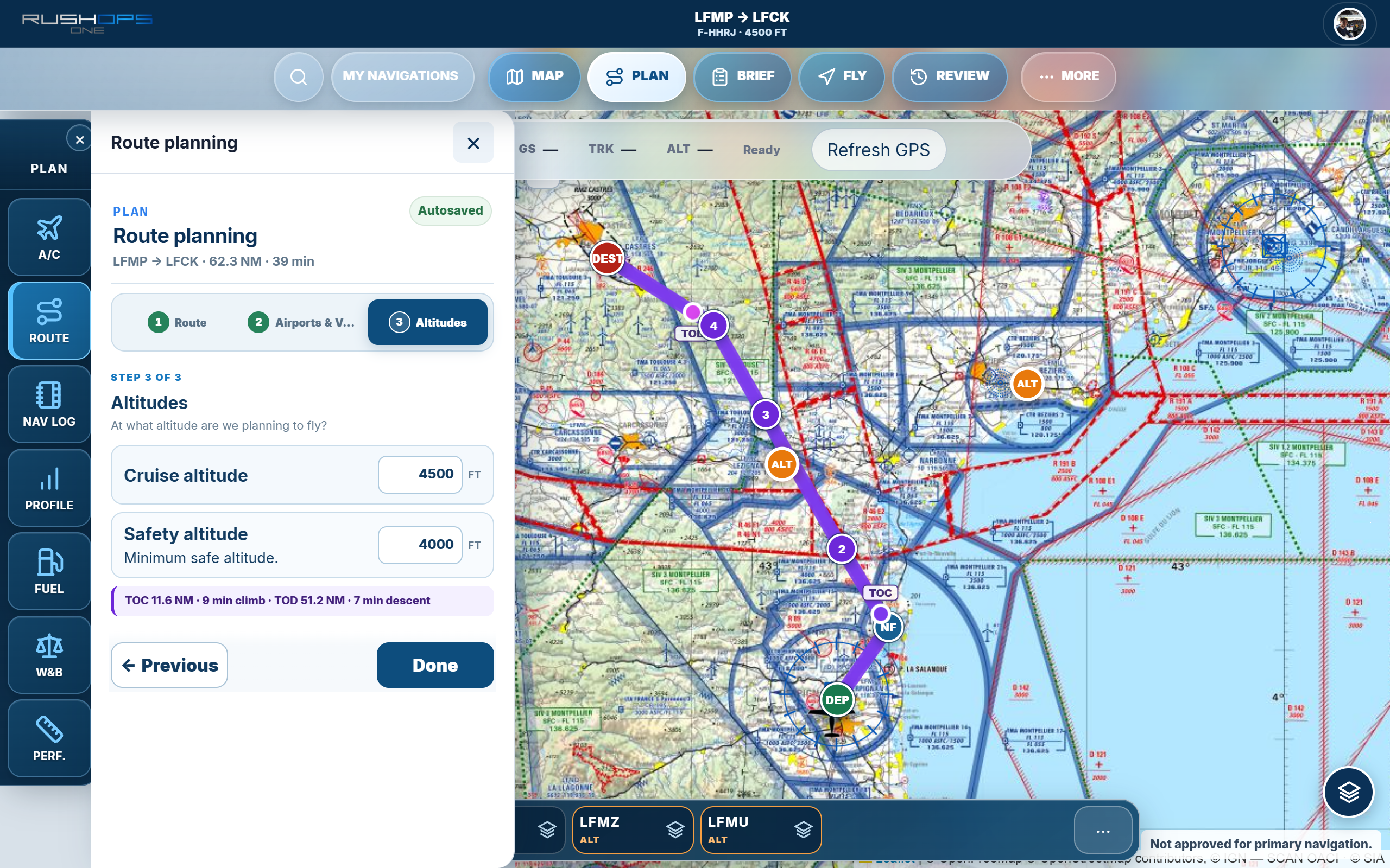 RushOps ONE flight planning on a cockpit tablet