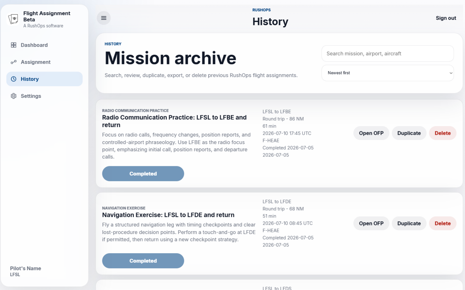 Flight Assignment history view
