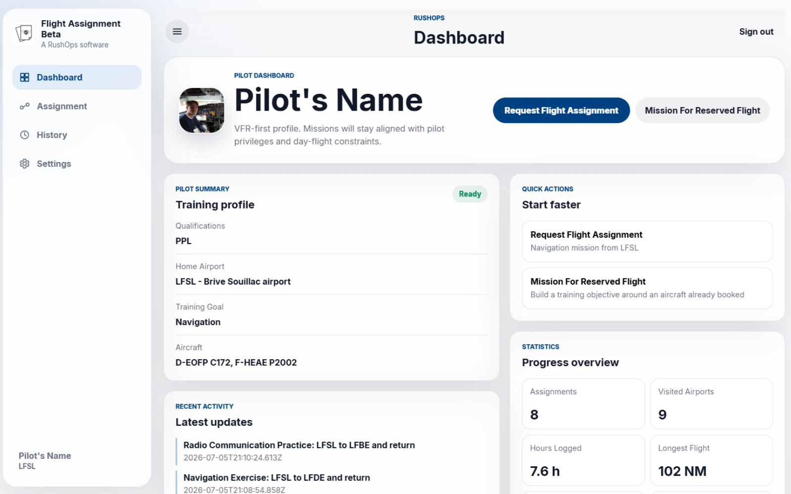 Flight Assignment mission dashboard